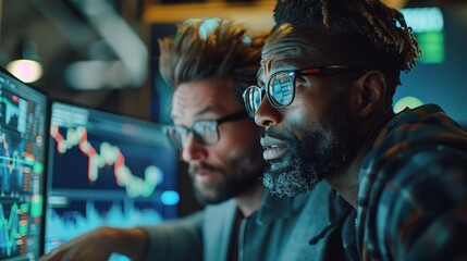 Fototapeta premium Data Driven Decisions: Two focused professionals, one Caucasian and one African American, analyze data charts on multiple computer screens in a dimly lit office space. 