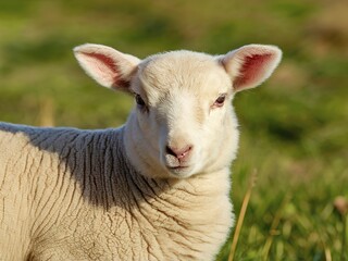 A young lamb standing in a grassy field