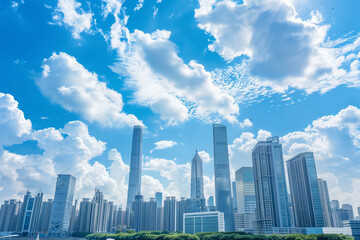 Fototapeta premium Skyscrapers Viewed from Below with Blue Sky and White Clouds