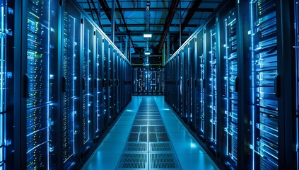 Fototapeta premium Dark data center with blue lights and powerful servers