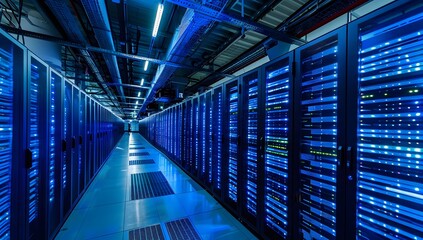 Fototapeta premium Dark data center with blue lights and powerful servers
