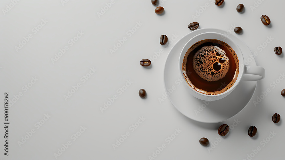 Poster hot espresso and coffee bean on white table with soft-focus and over light in the background. top vi