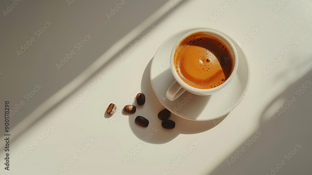 Poster hot espresso and coffee bean on white table with soft-focus and over light in the background. top view