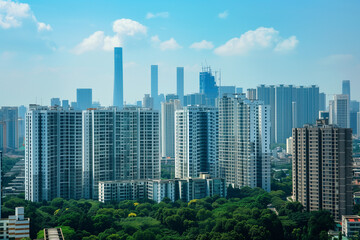 Obraz premium Skyscrapers Viewed from Below with Blue Sky and White Clouds