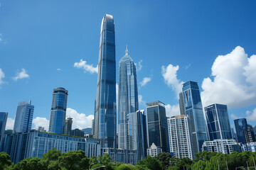 Naklejka premium Skyscrapers Viewed from Below with Blue Sky and White Clouds
