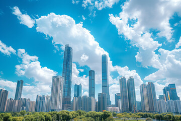 Naklejka premium Skyscrapers Viewed from Below with Blue Sky and White Clouds