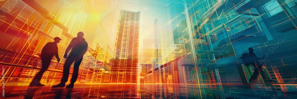 Poster Abstract futuristic cityscape with engineers working on construction projects. Urban development and modern architecture.