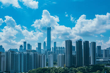 Fototapeta premium Skyscrapers Viewed from Below with Blue Sky and White Clouds