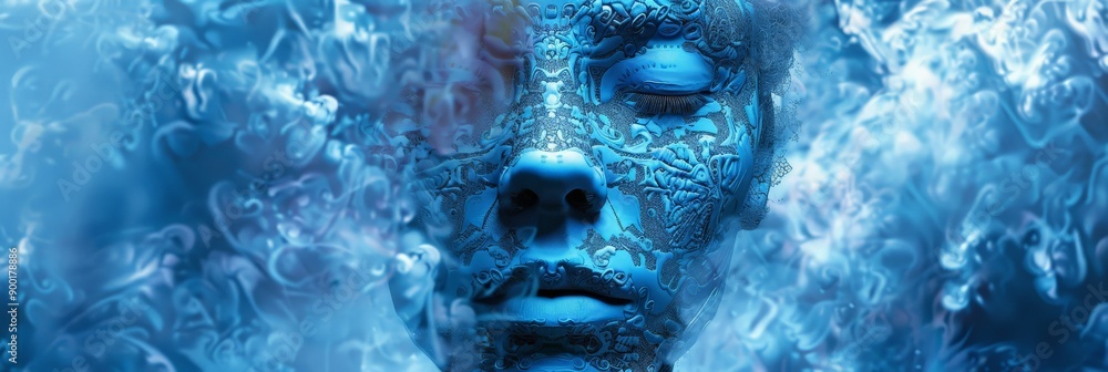 Fototapete close-up of a blue humanoid face with intricate patterns against a soft blue background. advanced ro