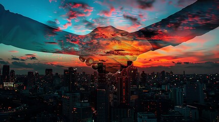 Handshake superimposed with a cityscape at sunset