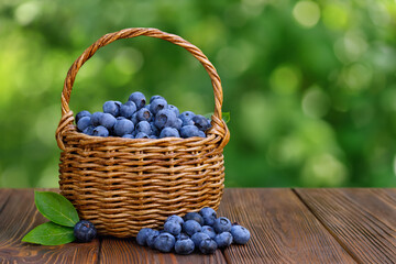 ripe blueberries in wicker basket on wooden table outdoors