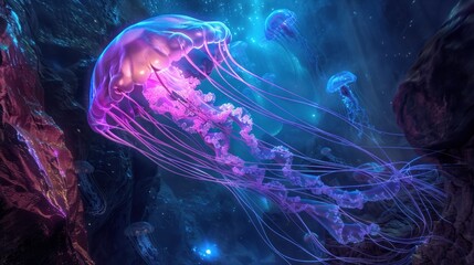 Glowing Jellyfish in an Underwater Cave
