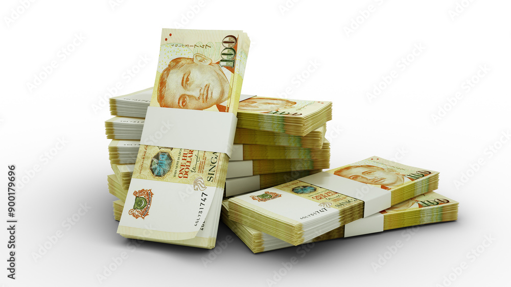Poster 3d rendering of stacks of singaporean dollar notes isolated on a transparent background