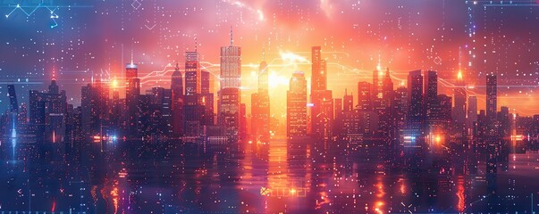 Fototapeta premium Cityscape with Neon Lights and Digital Overlays