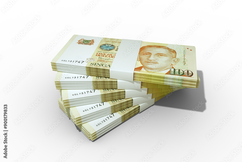 Poster 3d rendering of stacks of singapore dollar notes. bundles of singaporean currency notes isolated on 