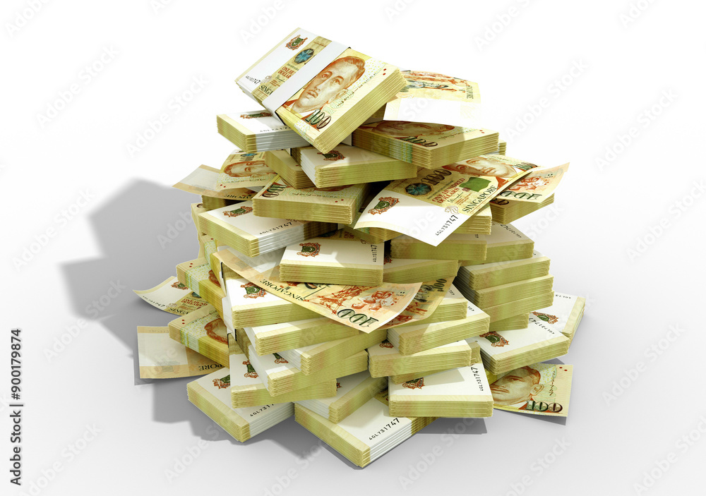 Poster 3d rendering of stack of singaporean dollar notes isolated on transparent background. bundles of dol