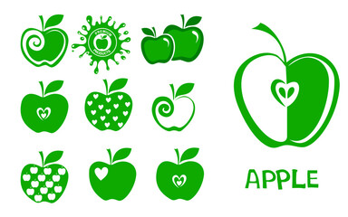 Set of apple icon isolated on white background. Fruits icon and Fruit logo design fresh fruits, nature food. Vector illustration. Whole and sliced garden fruit. Abstract flat design drawn healthy food