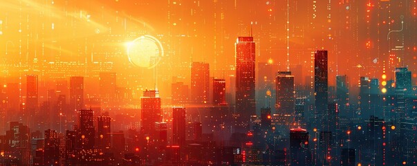 Futuristic Cityscape with Glowing Lights and Digital Overlays