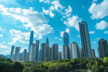 Skyscrapers Reaching into a Bright Blue Sky with White Clouds on a Sunny Day