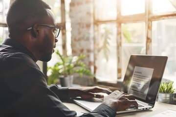 Man engaged in laptop work with contact form in bright office space, representing digital connectivity and work efficiency