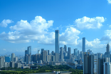 Skyscrapers Reaching into a Bright Blue Sky with White Clouds on a Sunny Day