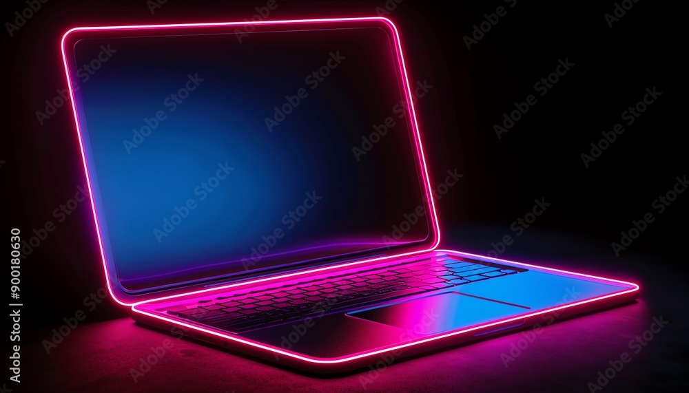 Wall mural neonlit laptop with glowing pink and blue frame, dark background, futuristic tech vibe