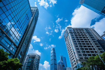 Naklejka premium Skyscrapers Reaching into a Bright Blue Sky with White Clouds on a Sunny Day