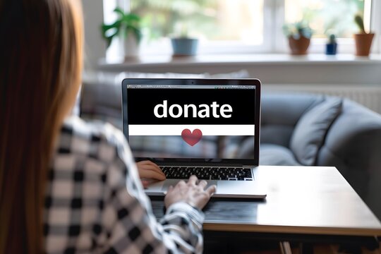 Laptop screen displaying the word donate, promoting online charity and modern digital fundraising