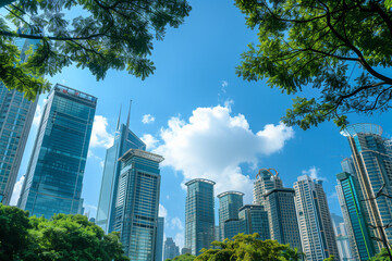 Fototapeta premium Skyscrapers Reaching into a Bright Blue Sky with White Clouds on a Sunny Day