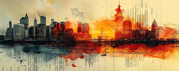 Naklejka premium Abstract Cityscape with Red and Orange Watercolor Splashes