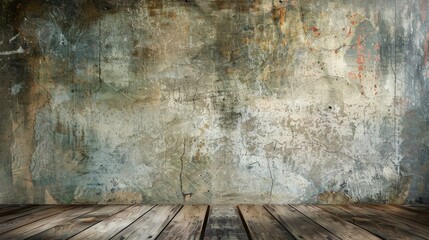 Fototapeta premium Vintage wooden stage backdrop with distressed floor and weathered wall for aged grunge setting