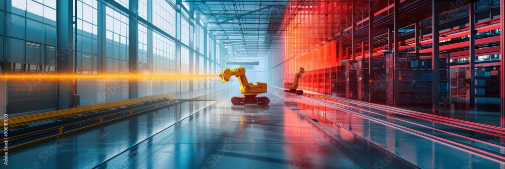 Poster industrial robot arm in a futuristic factory with bright orange laser beams. concept of advanced man