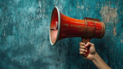 A rustic red megaphone held by a hand against a weathered blue wall, evoking a sense of urgency and importance. Perfect for vintage-themed announcements.