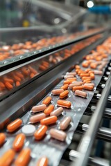 Pills being sorted and packaged on an automated assembly line in a pharmaceutical facility