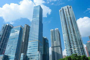 Obraz premium Skyscrapers Reaching into a Bright Blue Sky with White Clouds on a Sunny Day