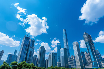 Fototapeta premium Skyscrapers Reaching into a Bright Blue Sky with White Clouds on a Sunny Day