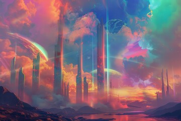 Futuristic Cityscape with Vibrant Sunset and Towering Structures