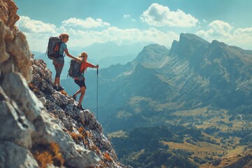 Two adventurous souls embark on a mountain hike, with the majestic peaks of the Alps as their backdrop. - Powered by Adobe