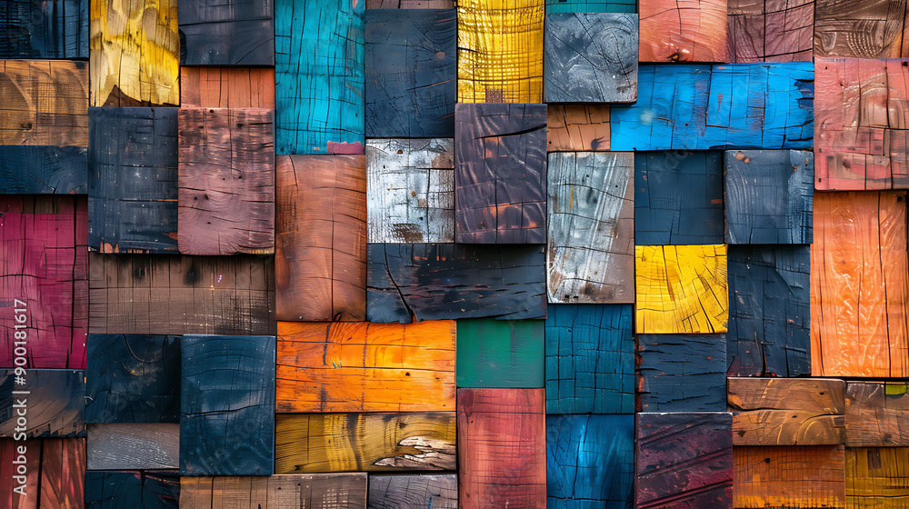 Poster Wood aged art architecture texture abstract block stack on the wall for background, Abstract colorful wood texture for backdrop.