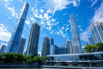 Obraz premium Skyscrapers Reaching into a Bright Blue Sky with White Clouds on a Sunny Day
