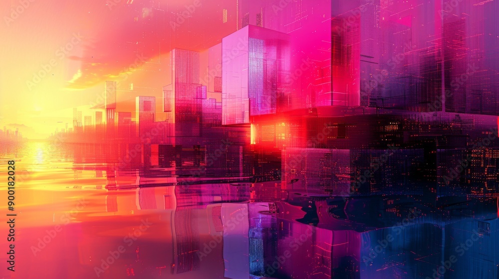 Sticker digital glitch art - generate a 3d background with glitch effects and pixelated elements in vivid co