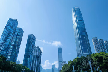 Skyscrapers Reaching into a Bright Blue Sky with White Clouds on a Sunny Day