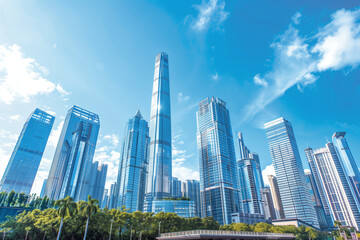 Obraz premium Skyscrapers Reaching into a Bright Blue Sky with White Clouds on a Sunny Day