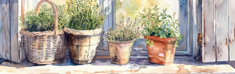 A watercolor painting depicts four pots and a basket filled with green herbs, positioned on a windowsill. The pots and basket are made of natural materials and have a rustic appearance. The background