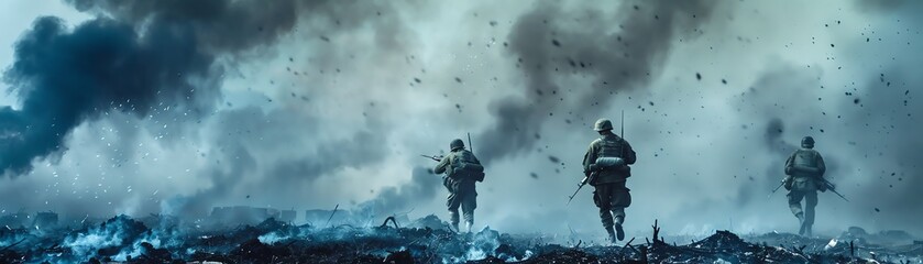 Soldiers walking through battlefield with smoke and debris, war scene