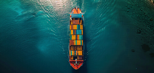 Aerial view of a large container ship sailing through clear blue waters, transporting colorful cargo containers.