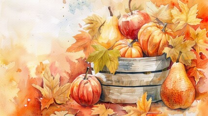 A watercolor painting depicting a basket overflowing with pumpkins and pears. The basket sits atop a bed of autumn leaves in a light-filled scene.