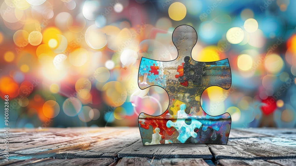 Poster a single puzzle piece with an empty space for text, symbolizing finding solutions with a creative ap