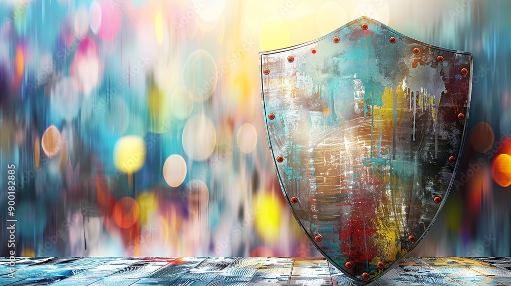 Poster shield on a vibrant background symbolizing advanced security and innovative protection solutions. id