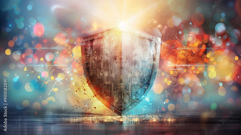 Poster shield on a vibrant background symbolizing advanced security and innovative protection solutions. id